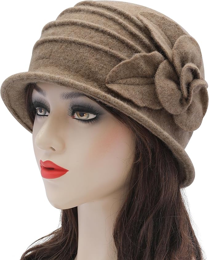 ZLYC Women Wool Cloche Bucket Hat 1920s Vintage Dress Winter Hats with Flower Accent
