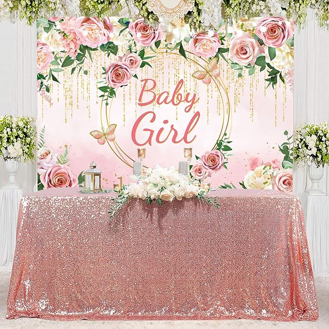 InMemory Pink Rose Baby Girl Baby Shower Backdrop Banner Decorations for Girl,Rose Gold Floral It's a Girl Banner Photography Background for Sweet Girls Baby Shower Party Decor Photo Booth Props 5x3ft