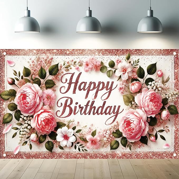Happy Birthday Backdrop Rose Gold Glitter Peony Floral Banner Birthday Party Decorations Photography Background for Women Girls Wedding Baby Shower Decor Photo Booth Supplies 6x4ft