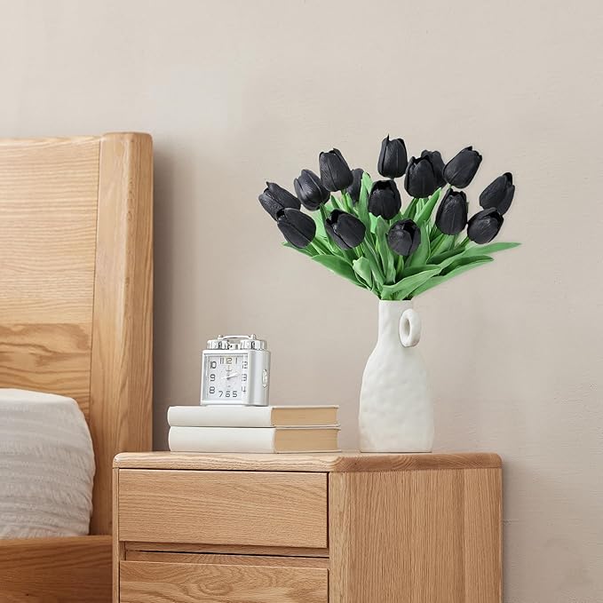 SITUMEIZI 15pcs Black Tulips Fake Artificial Flowers Real Touch 14" Silk Flower for Home Decor Easter Spring Wedding Bouquet Decorations Mother's Gift Day Floral Arrangements