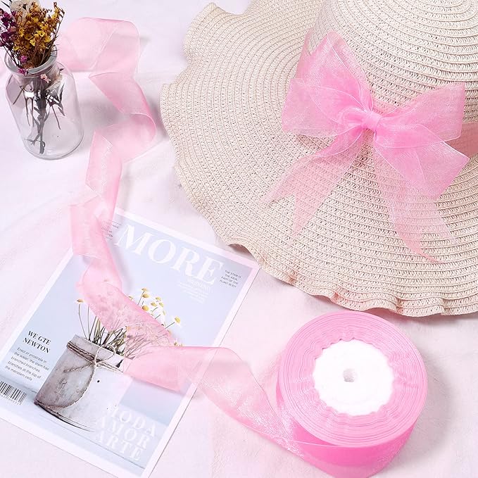 1.5 inch Sheer Organza Ribbon Pink Chiffon Ribbon for Gift Wrapping Christmas Halloween Decoration Wedding Bouquet Crafts 50 Yards