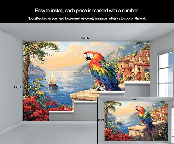 KIREUPA Macaw Parrot Wall Mural, Coastal Mediterranean Parrot 3d Wall Murals, Sunset Seaside Village Scene Wallpaper Mural, for Living Room Bedroom Large Wallpaper Indoor Decor 197" W x124.8 H