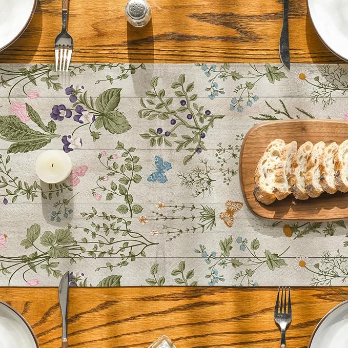 Artoid Mode Wood Wild Flowers Floral Spring Table Runner,Seasonal Summer Kitchen Dining Table Decoration for Home Party Decor 13x72 Inch