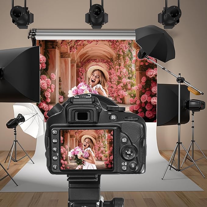 Baocicco 10x7ft Pink Flowers Backdrops for Photoshoot Rose Arch Corridor European Carving Wall Photo Background for Women Bridal Shower Birthday Marriage Valentines Mothers Day Backdrop Decorations