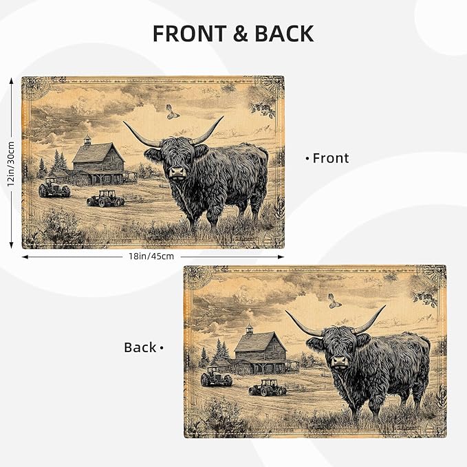 Farmhouse Highland Cow Placemats Set of 6, Country Barn Place Mats, Rustic Black and White Dining Table Mats, Washable Placemats for Kitchen Dining Room Home Decor 18L'' × 12W''
