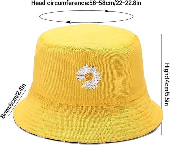 Flower Reversible Bucket Hat Cotton Summer Travel Beach Sun Hats Emboridery for Women Men