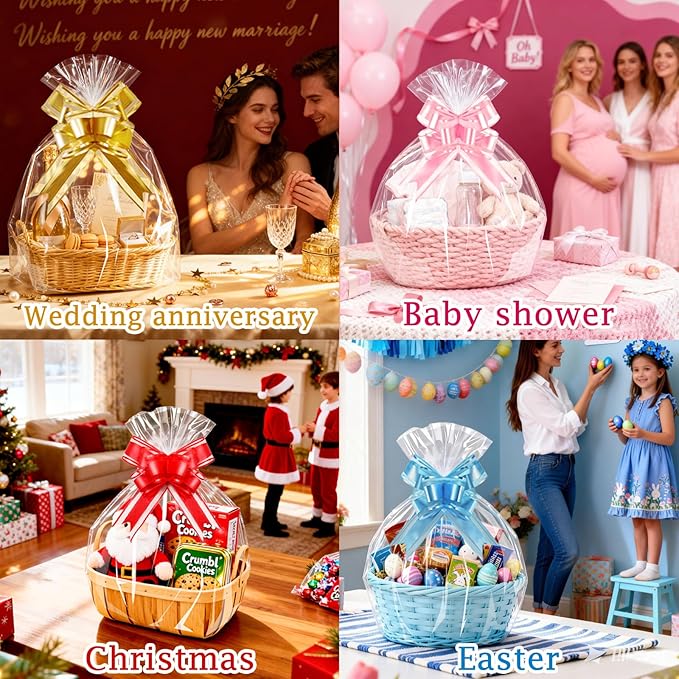 PigPotParty 16"x24" Clear Cellophane Gift Bags - Includes Bows – 10 Pack Cellophane Wrap for Gift Baskets, Plastic Gifts Bags for Gift Giving