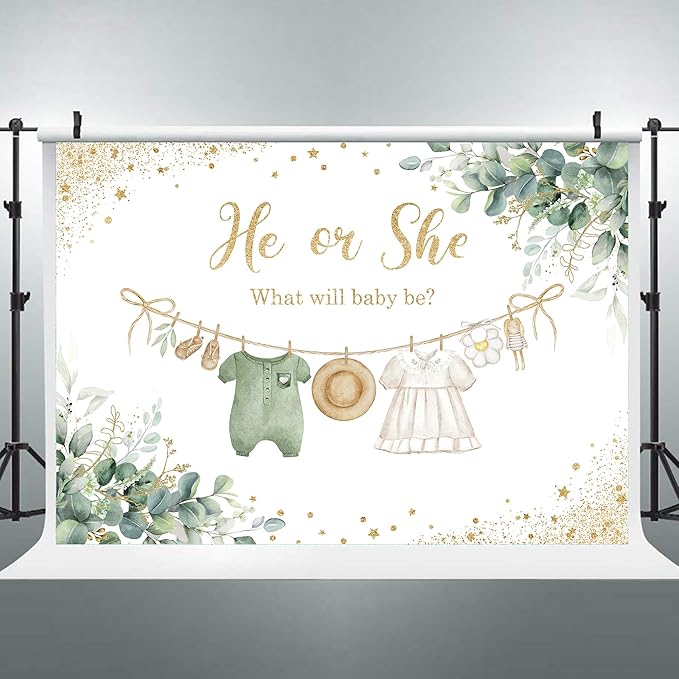 Riyidecor Green Gender Reveal Backdrop He or She What Will Baby Be 7Wx5H Feet Boho Sage Eucalyptus Watercolor Leaves Gold Dots Photography Background Baby Shower Photo Studio Shoot Polyester Fabric