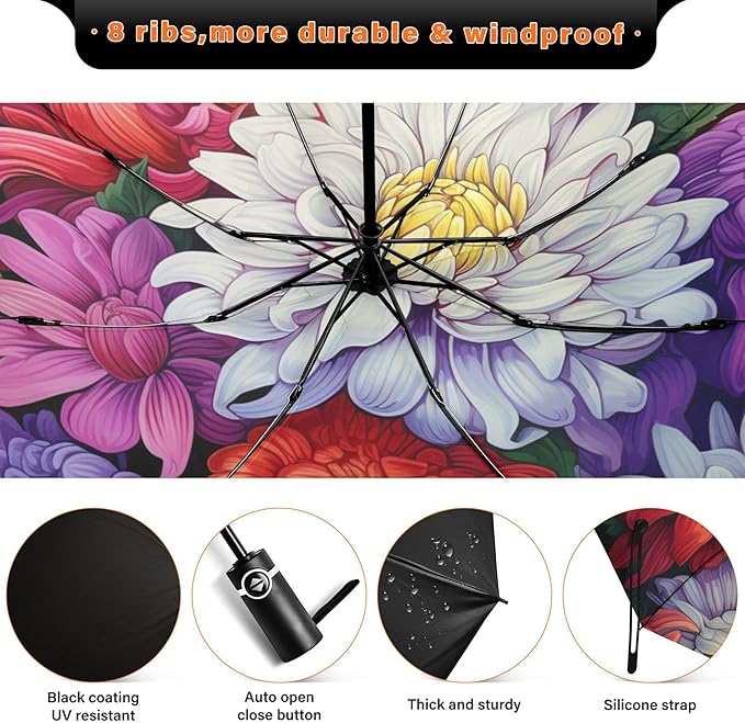 Automatic Folding Umbrella Windproof Strong, UV Protection Compact Floral Hydrangea Hummingbird Sun Rain Sun Rain Travel Umbrellas for Women Men