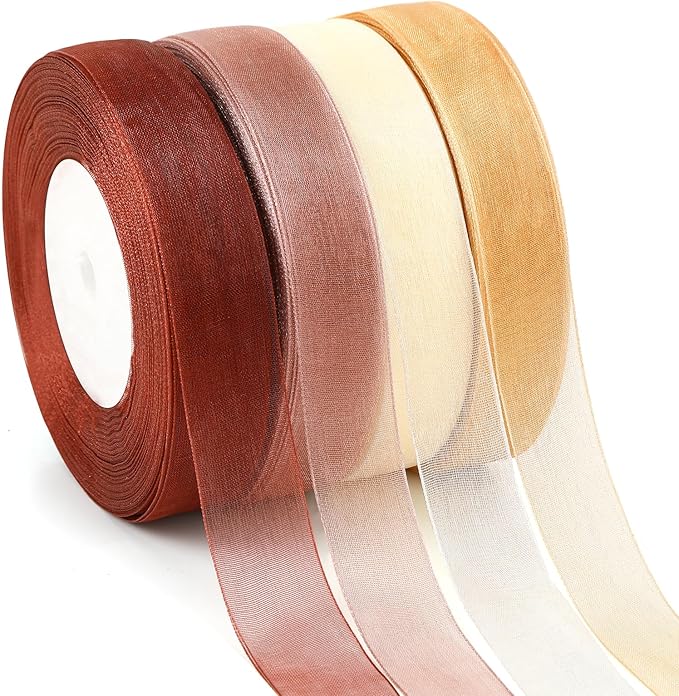 DECYOOL 4 Rolls 200 Yards Organza Ribbon for Gift Wrapping, 4/5 inches Wide Neutral Earth Tones Sheer Chiffon Ribbon Fabric Ribbon for Wedding Birthday Bouquet Wrapping Bows DIY Crafts
