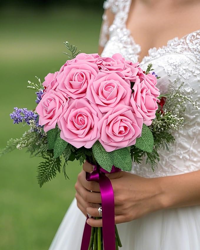 DuHouse 50Pcs Artificial Roses Flowers Fake Roses with Stems Real Touch Foam Flowers for DIY Wedding Bouquet Baby Shower Centerpiece Floral Arrangement Party Home Decor(Pink)