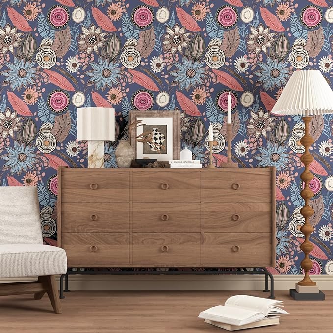 Boho Wallpaper Peel and Stick,Vintage Blue Pink Floral Contact Paper, Retro Antique Botanical Flowers Wall Paper Self Adhesive Removable Waterproof for Bathroom Shelves Cabinet Table 17.5" x 118"