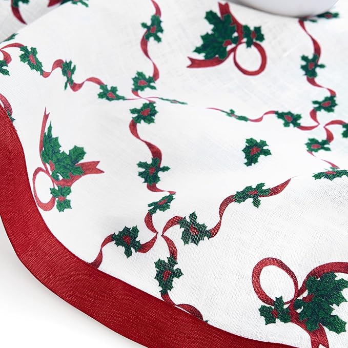 Solino Home 100% Pure Linen Christmas Table Runner 72 Inches Long - Red and Green Table Runner 14 x 72 Inch - Handcrafted and Machine Washable - Holly Ribbon Print