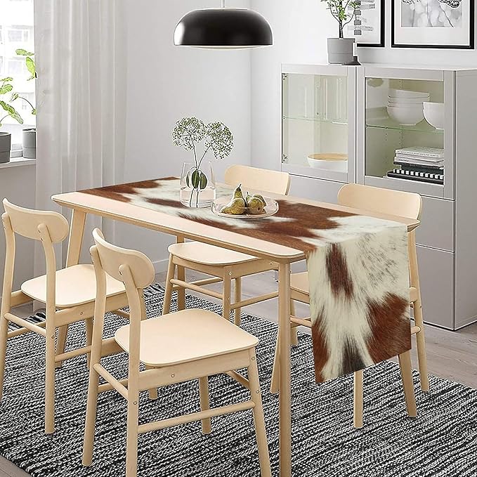 Cow Skin Print Table Runner, Rustic Country Farmhouse Animal Fur Skin Western Farm Dark Brown Cowhide Print Dinner Runner Table Decoration for Home Kitchen Dining 13x70in