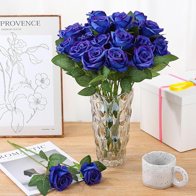 80 Pcs Roses Artificial Flowers,Silk Royal Blue Rose Artificial Flowers,Fake Blue Roses Petals Long Stem Roses for Wedding Bouquet Home Party Decor