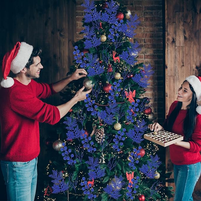 75 Pcs Christmas Glitter Branches 3 Styles Artificial Christmas Picks Berries Stems Pine Needles Floral Twig Spray for Xmas Tree Ornaments DIY Wreath Garland(Blue)