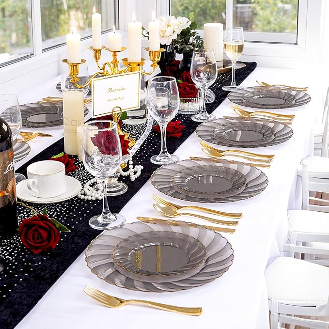 YOUBET 125PCS Clear Black Plastic Plates - Black and Gold Disposable Plates Include 50 Plate, 75 Gold Silverware for Wedding & Party & Birthday New Year