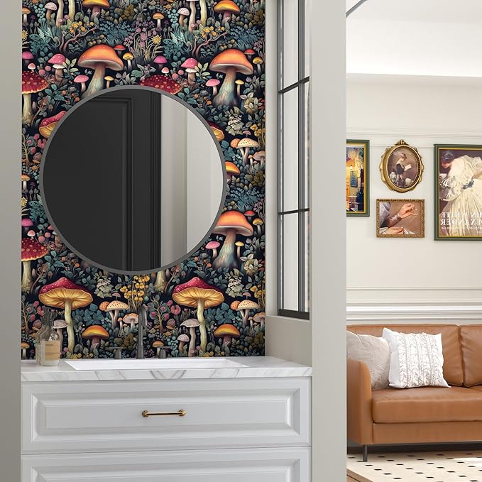 Black Colorful Mushroom Contact Paper Floral Wallpaper Peel and Stick Vintage Wall Paper for Backsplash Kitchen Cabinet Removable Waterproof 17.5 x 118In