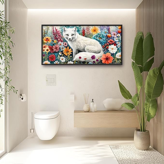 Framed Large Pictures Wall Art for Living Room, White Fox Oversized Wall Decor Animal Floral Canvas Print Painting Modern Extra Large Framed Artwork for Bedroom Office 60"x30"