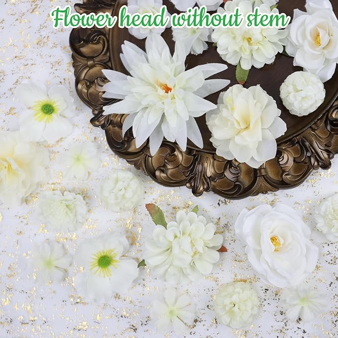 56 PCS Artificial Flower Heads White Bulk Fake Rose Peony Hydrangea Faux Flowers Small for Crafts Wedding Hair Cap Dresses Cake Baby Shower Decorations