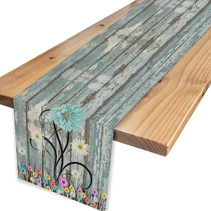 Watercolor Daisy Table Runner, Vintage Blue White Daisy Flower Rustic Blue Wood Farmhouse Print Table Center Decor for Family Kitchen Table Decorations Indoor Outdoor 13x36 inch