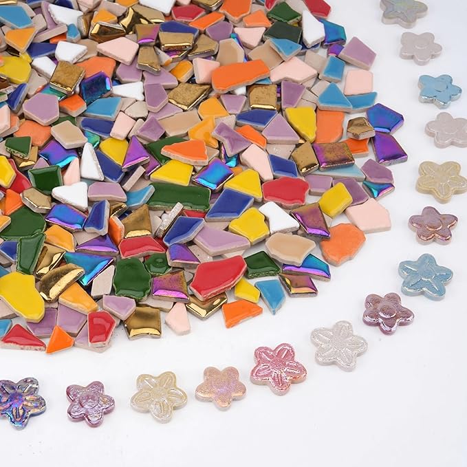 1.5 lb Ceramic Tiles for Mosaics – 580g Small Irregular Tiles + 100g Flower Mosaic Pieces, Mixed Sizes, Shapes & Vibrant Colors for DIY Crafts & Home Decor