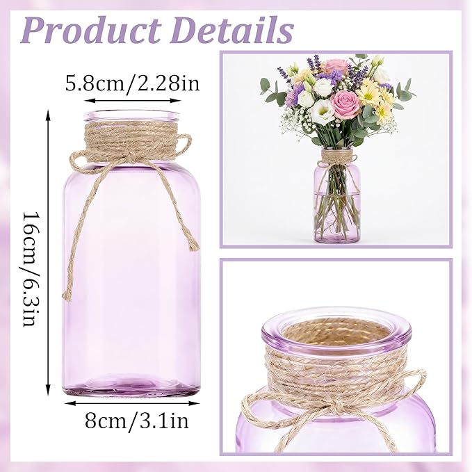 Vintage Glass Flower Vase，12 Pack Farmhouse Purple Glass Centerpiece Vases Mason Jars for Weddings, Parties & Home Decor Bulk (12, Purple)