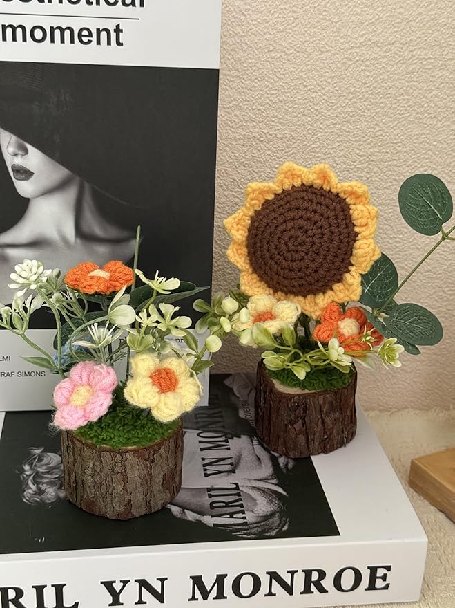 Handmade Crochet Knitted Puff Flowers Bouquet Creative Knitted Potted Plant Mini Cute Home Desktop Decorations and Gifts for Friends, Lovers, Classmates