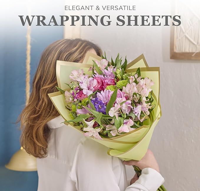 the florist Supply 20 Sheets Premium Flower Wrapping Paper | Waterproof Flower Wrapping Paper for Bouquets | Double Sided Floral Bouquet Sheets | DIY Gifts Borderline Green/Gold