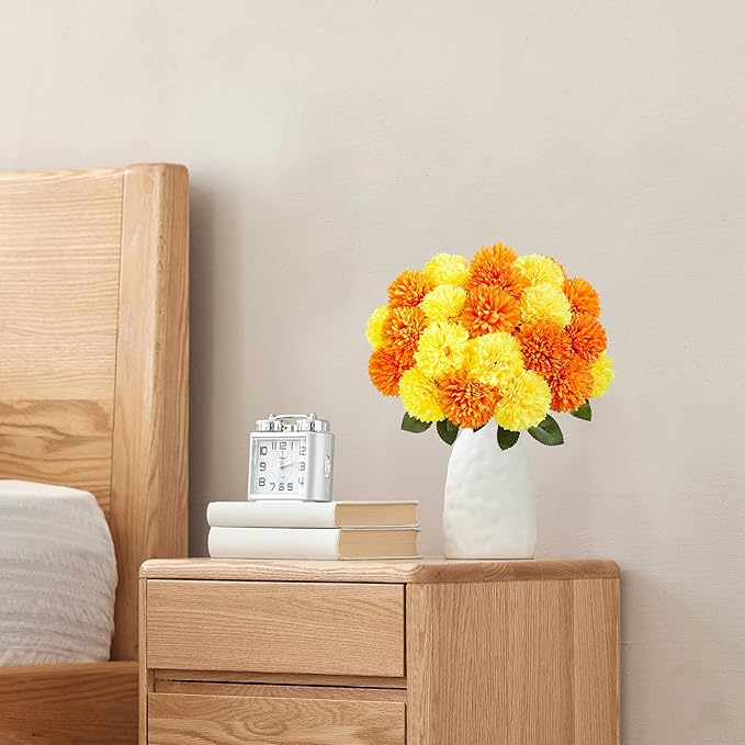 SITUMEIZI 12 Pcs Artificial Chrysanthemums Flowers Ball Flower Fake Mums Silk for Fall Decor Halloween Thanksgiving Day Wedding Home Kitchen Decoration Floral Arrangement(Yellow,Orange)
