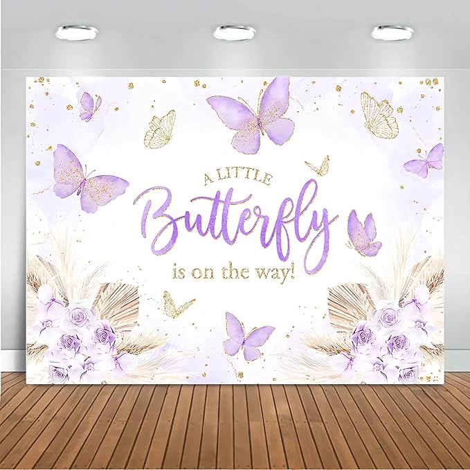 Mocsicka Butterfly Baby Shower Backdrop for Girl's A Little Butterfly is on The Way Pink Florals Flowers Photography Background Princess Girl Party Decoration Photography Props (8x6ft, Purple)