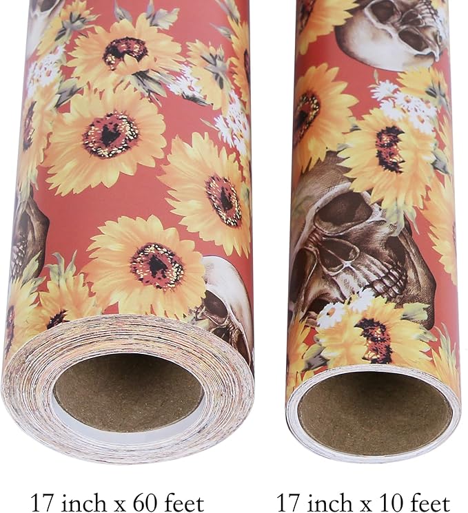 Aimyoo Orange Skull Sunflower Wrapping Paper Jumbo Roll 17 in x 60ft, Horror Gothic Gift Wrap Paper for Halloween Wedding Bridal Shower