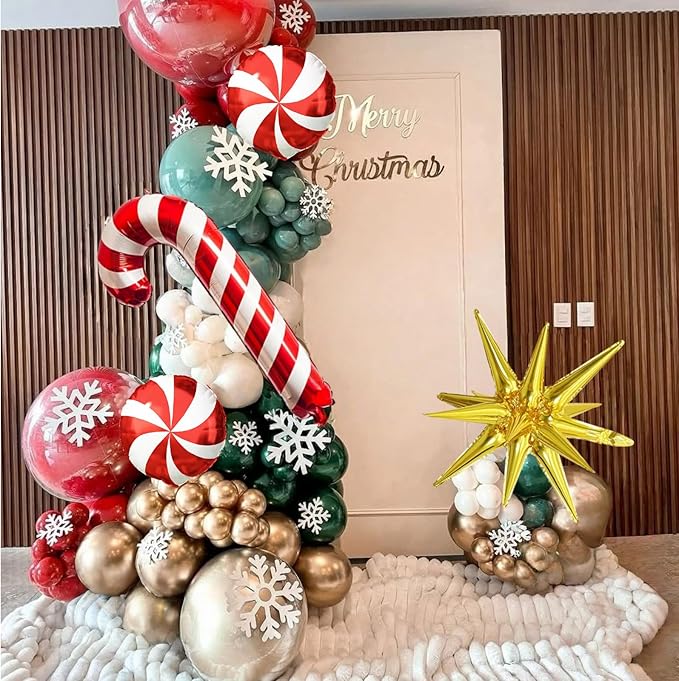 Christmas Balloons Garland Arch Kit, Red Dark Green Gold Metallic Balloons Candy Cane Star Foil Mylar Balloons for Winter Xmas Merry Christmas Baby Shower Ugly Sweater Birthday Party Decorations