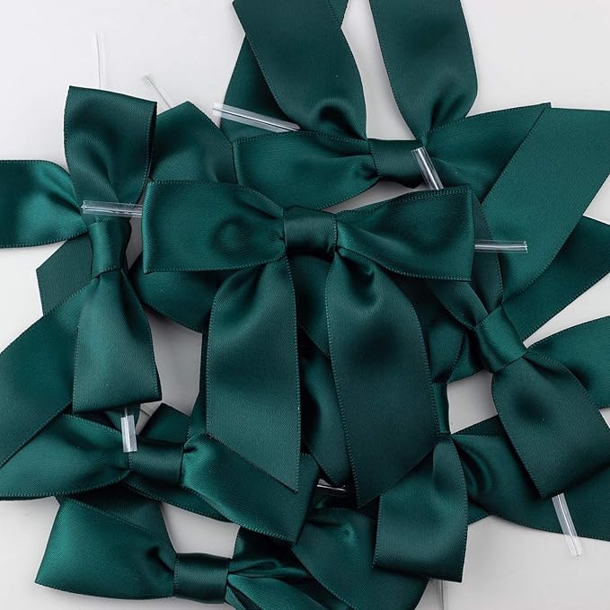 7Rainbows 30pcs Boutique 2.5" Dark Green Satin Ribbon Twist Tie Bows for Tying Up Packages Gift Wrapping