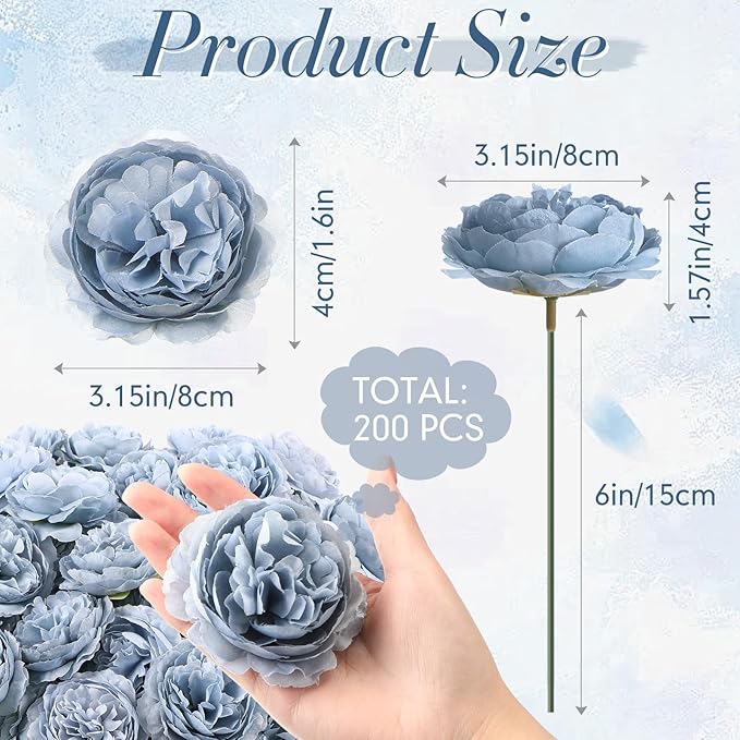 Thiccywoov 200 Pcs Flowers Long Stem Artificial Rose Bulk, 3.2 Inches Silk Rose Head Flowers Faux for Wedding Bridal Bouquet Independence Day Home Floral DIY Centerpieces Party Decoration(Dusty Blue)