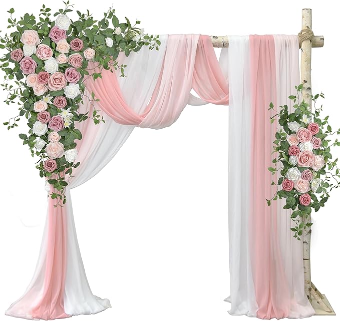 Ting's time Arch Flowers with Drapes Kit (Set of 5)-2Pcs Artificial Floral Swag Arrangement 3Pcs Draping Fabric for Wedding Floral Party Outdoor Decor (Dusty Rose)