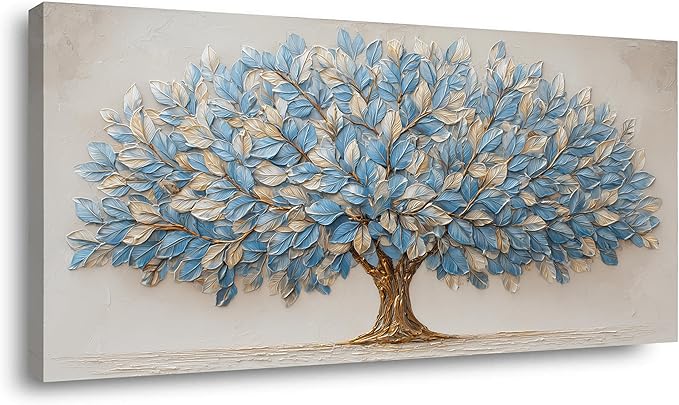 Blue Tree of Life Canvas Wall Art Nature Blue Gold Leaf Abstract Tree Canvas Painting Textured Pictures, Modern Large Panoramic Landscape Ready for Living Room Bedroom Office Home Décor 30L" x 16W"