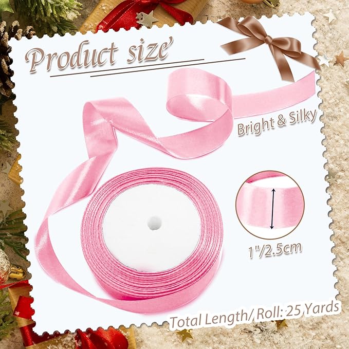 Luomorgo 1 Inch Pink Satin Ribbon, 25 Yards Solid Color Ribbon, Fabric Ribbon for Gift Wrapping, Flower Bouquet, DIY Craft, Sewing, Wedding, Birthday Party Decorations