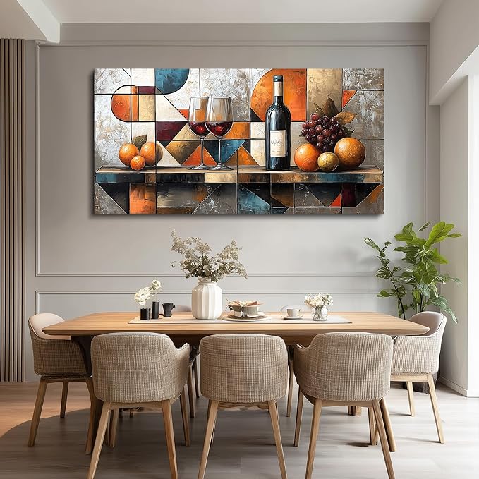 hyidecorart Canvas Wall Art For Kitchen Wall Decor For Living Room Dining Room Decorations Wine Glass Fruit Painting Still Life Geometry Abstract Picture Artwork Pub Posters Home Decor 20"x40"