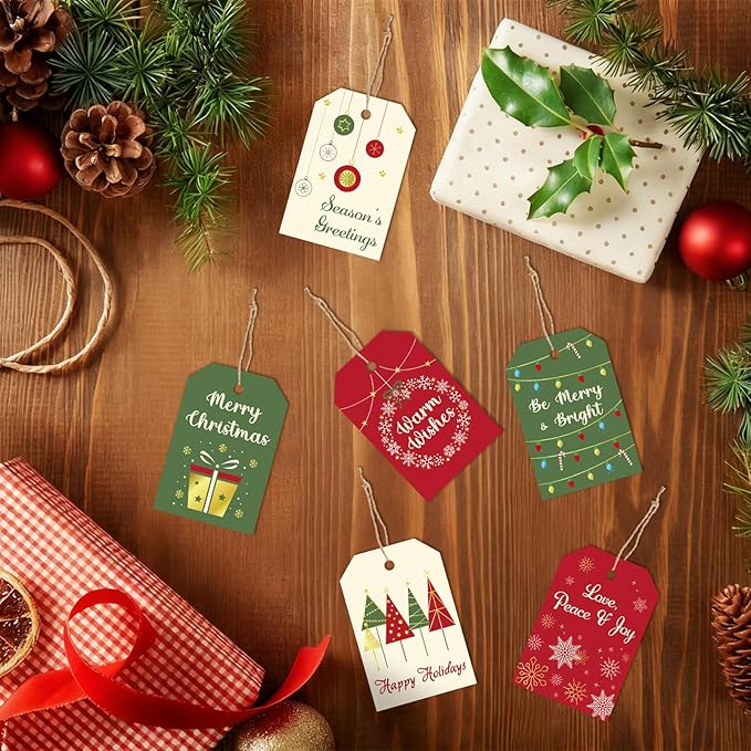 Christmas Gift Tags with String, 96 Pcs Christmas Hanging Tags Label Gold Foil Xmas Present Tag for DIY Xmas Holiday Present Wrapping Decorations, 6 Styles