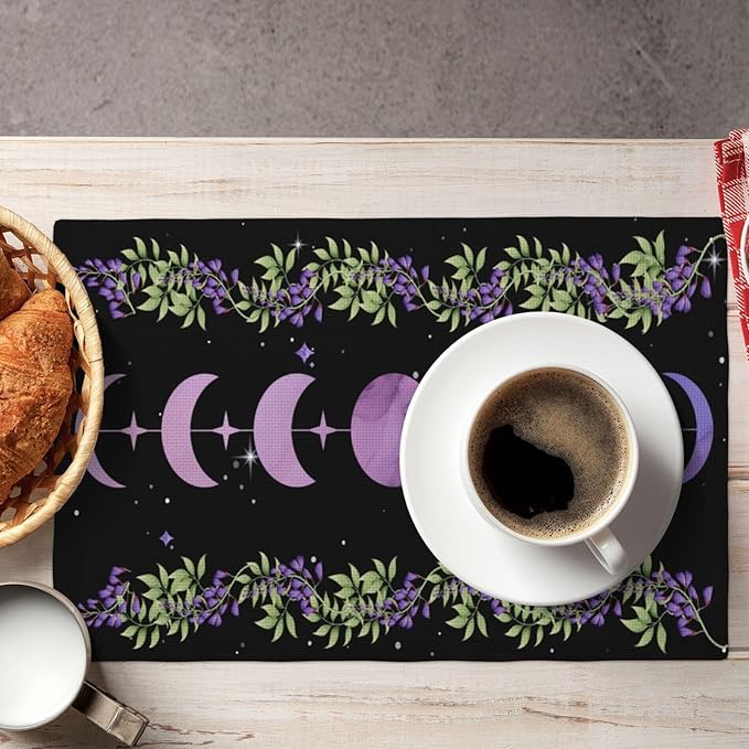 Boho Moon Flowers Placemats Set of 4,Natural Plant Moon Phase Moonlight Kitchen Party Event Table Decor,12x18 Inch,Purple 4 PCS, Style-11