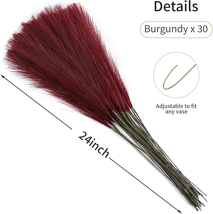 Faux Burgundy Pampas Grass - 30pcs 24 Inch Artificial Pampas Grass Decor Tall, Fake Pompas Grass for Vase Filler, Table Centerpieces, Wedding, Party and Home Decor (Burgundy, 30 Pieces)
