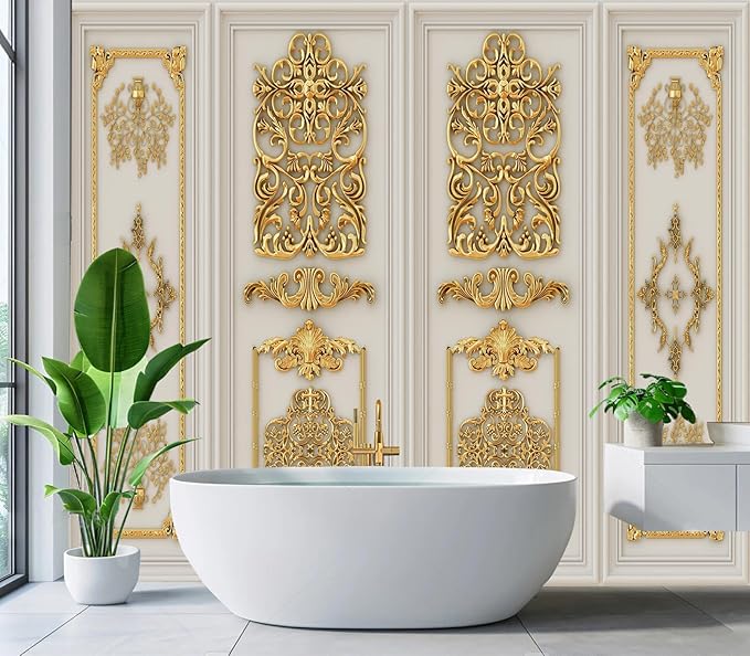 Eierme-Interior Walls with Golden Relief Patterns Mural Wallpaper Peel and Stick 137" x 102"