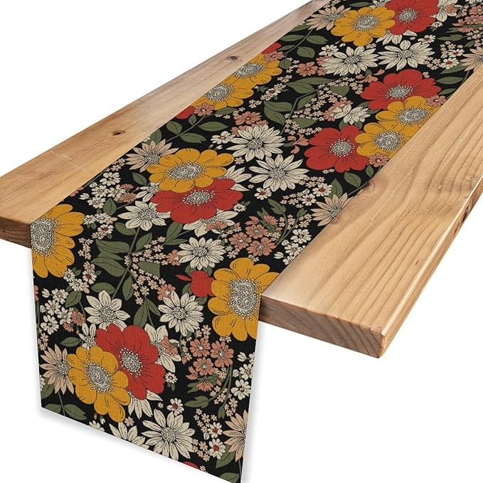 Boho Floral Table Runner, Colorful Vintage Flower Bohemian Floral Print Table Decor for Home Kitchen Dining Patio Holiday Party Indoor Outdoor Table Decorations 13x36 inch