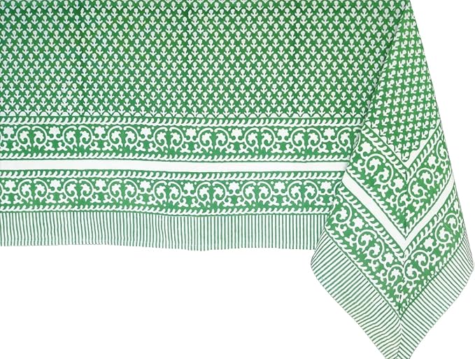 ATOSII Queen Green 100% Cotton Tablecloth, Handblock Print Rectangle Table Cover for Kitchen Dining I Tabletop Linen I Parties, Thanksgiving, Christmas, Wedding, Fall Table Cloth 60 X 108 Inches