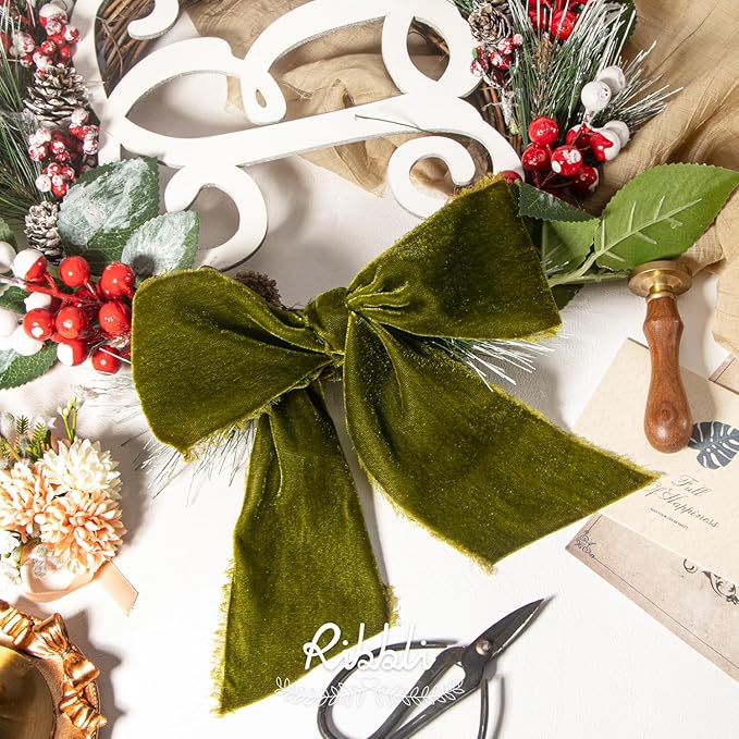 Ribbli Moss Green Velvet Ribbon 3 Inch Handmade Frayed Vintage Christmas Ribbon for Gift Wrapping Christmas Tree Ornament Wreath Craft Home Decor -3 Yards