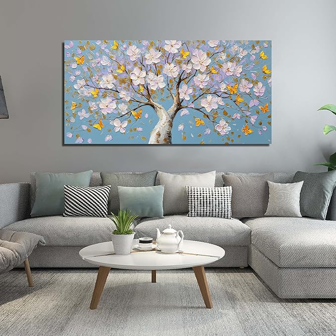Purple Blossom Tree with Butterflies Canvas Wall Art with Gold Accents, Blue Background Abstract Picture for Living Room Bedroom Wall Decor Printed Painting Artwork Decoration Large Size 58x29 Inches