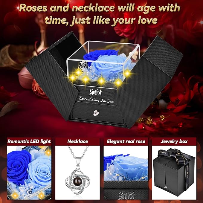 2 Preserved Rose Gift for Women - Eternal Rose with I Love You Necklace - Romantic Birthday Gifts for Girlfriend Mom Her Wife Grandma on Valentines Mothers Day Anniversary Christmas-Blue