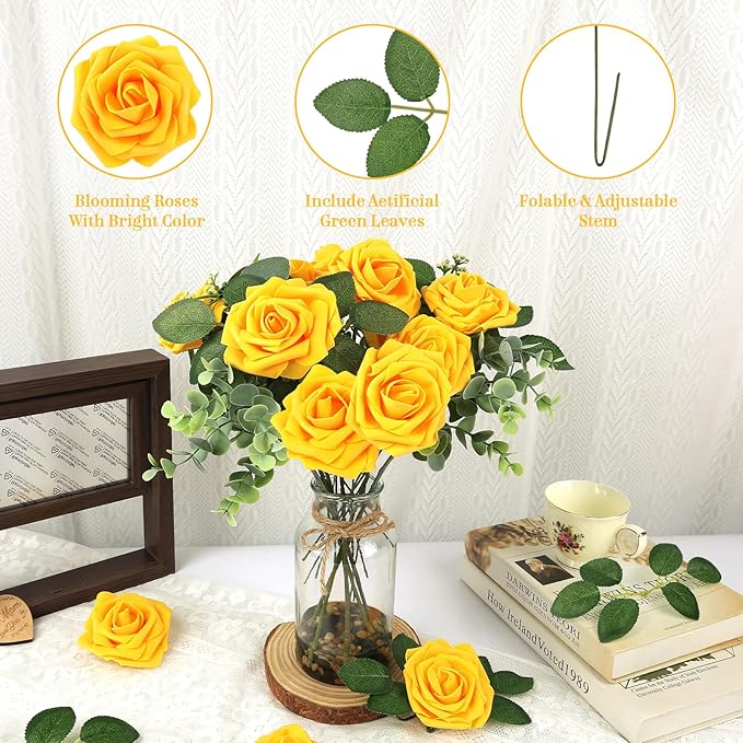 MACTING Artificial Yellow Rose Flowers 60PCS Real Touch Foam Roses with Stem Fake Flowers for DIY Wedding Bouquets Table Centerpieces Party Holiday Home Spring Valentines Day Decorations
