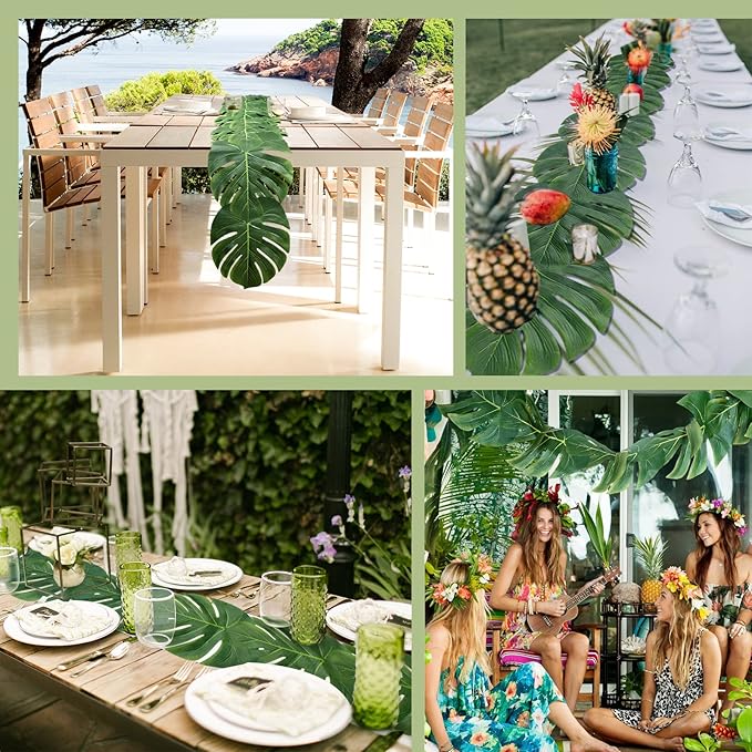 AerWo 4Pcs Artificial Palm Leaves Table Runners 72 Inch, Tropical Palm Leaves Table Runner Faux Leaf Table Cloth for Wedding Hawaiian Luau Jungle Summer Party Tropical Baby Shower Table Decorations